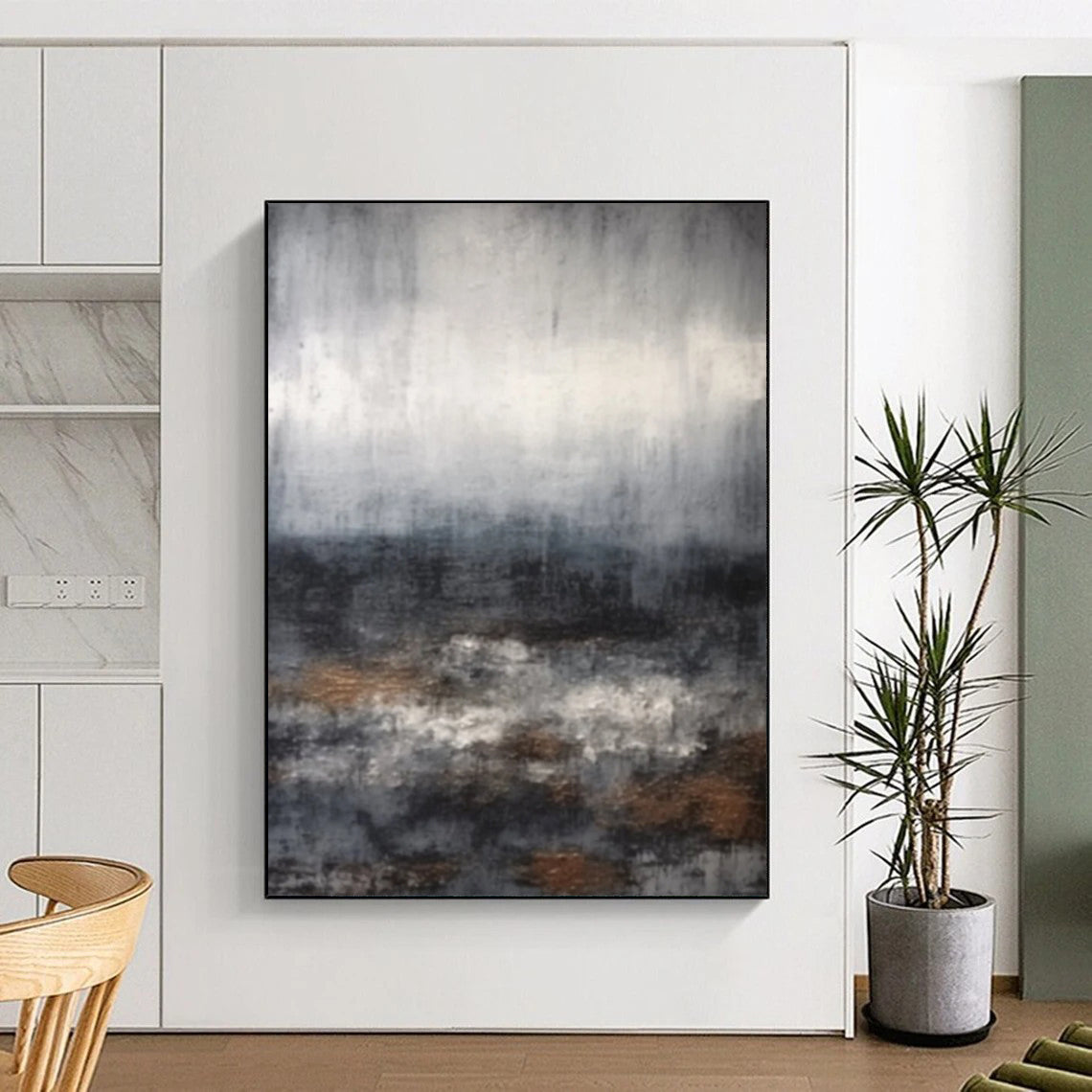 “Gray, Brown, White Abstract Seascape ‘Stormy Serenity’” - Impasto Seascape Painting On Canvas DTP368