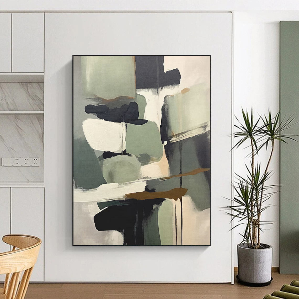 Muted Green, Gray & Black Shapes, “Nature’s Palette” - Abstract Expressionist Acrylic Painting CT0748