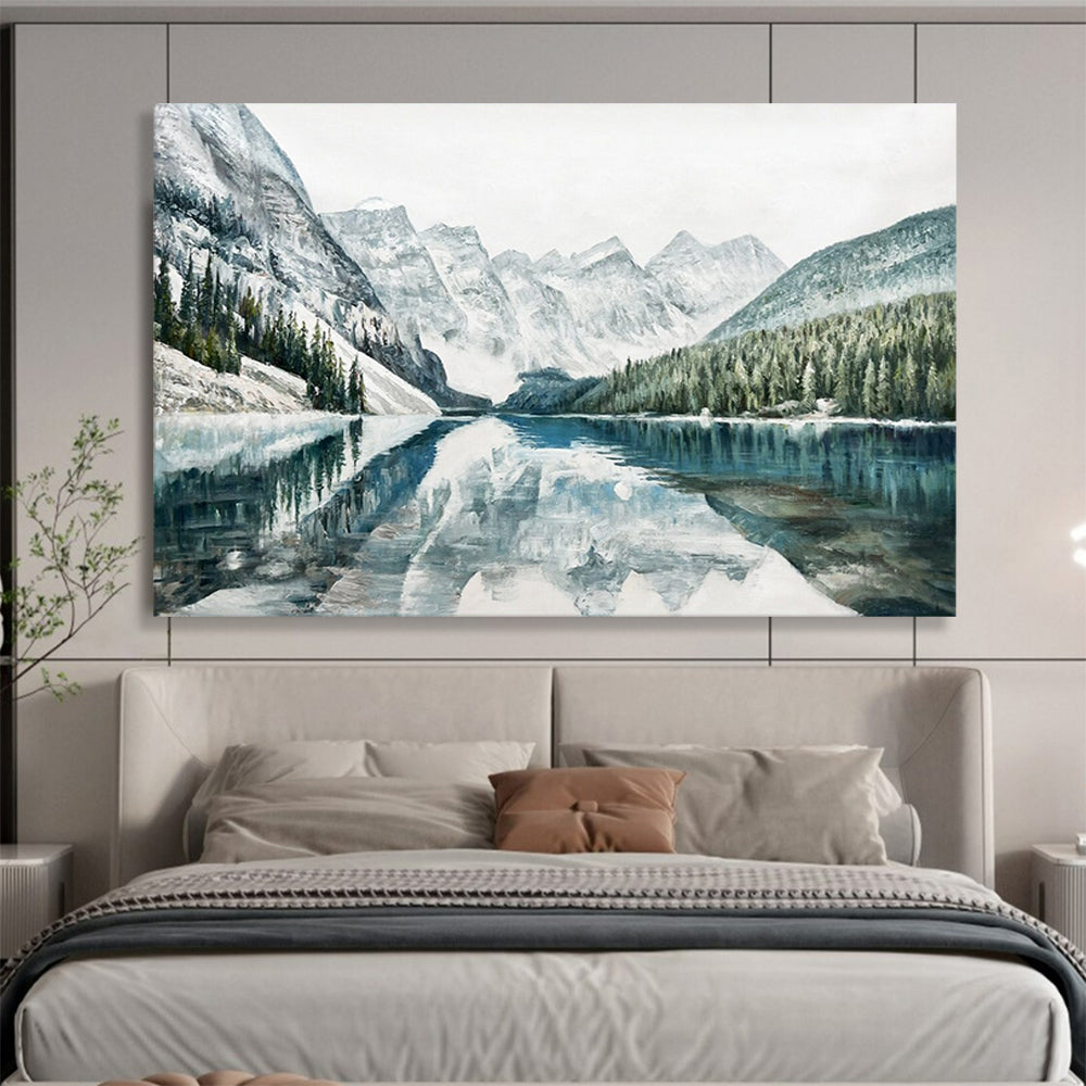 Blue and White Mountain Lake Reflection - Realist Landscape Painting On Canvas DLZ221
