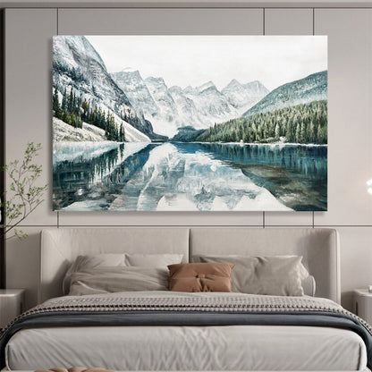 Blue and White Mountain Lake Reflection - Realist Landscape Painting On Canvas DLZ221