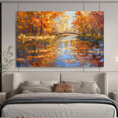 Autumn River with Bridge - Realist Landscape Painting On Canvas DLZ196