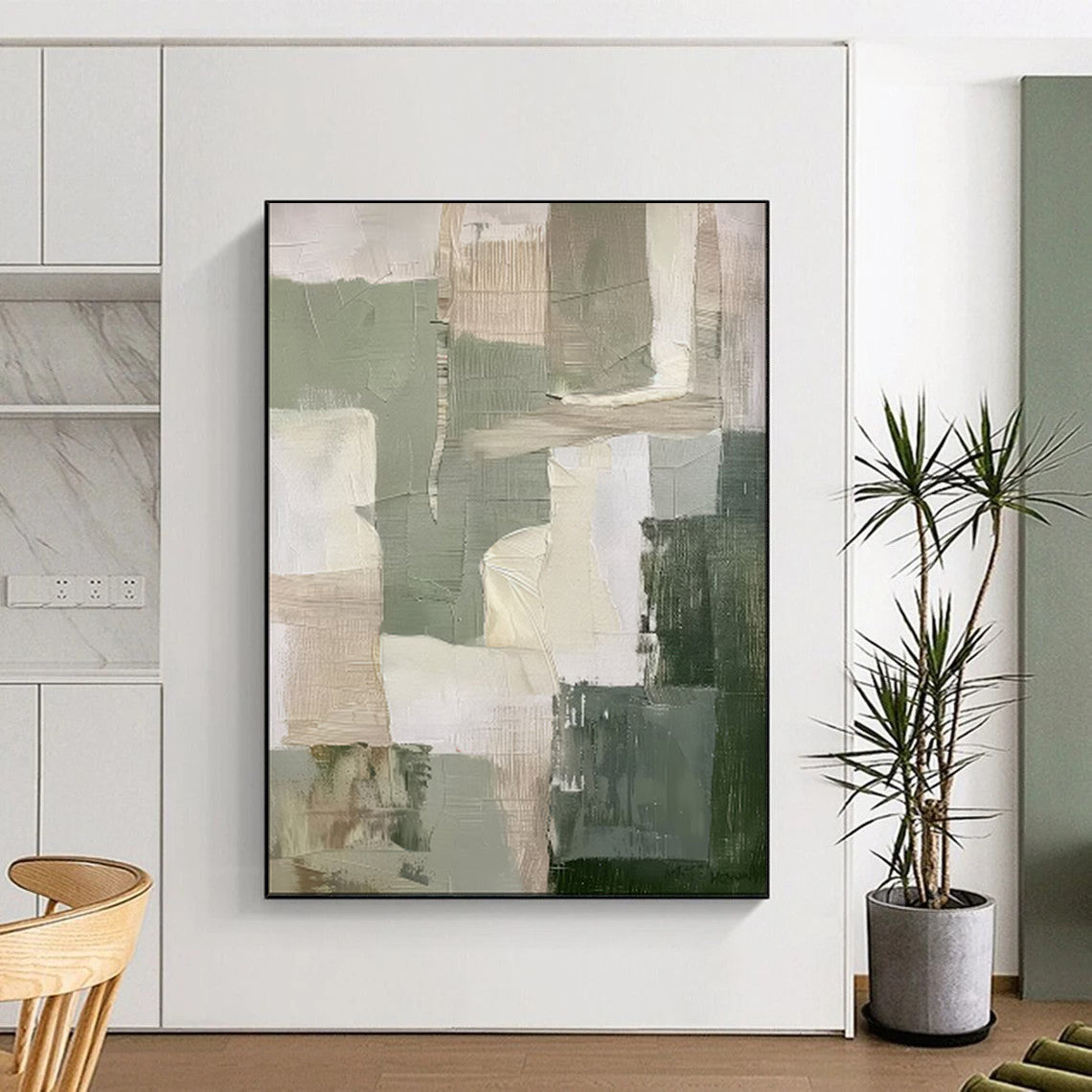 “Earthy Tones Patchwork” – Abstract Geometric Oil Painting with Green and Beige Blocks CT2053