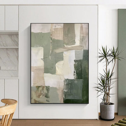 “Earthy Tones Patchwork” – Abstract Geometric Oil Painting with Green and Beige Blocks CT2053