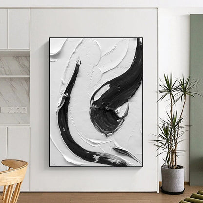 “Black, White Textured Swirls ‘Dynamic Balance’” - Impasto Abstract Painting On Canvas DTP377