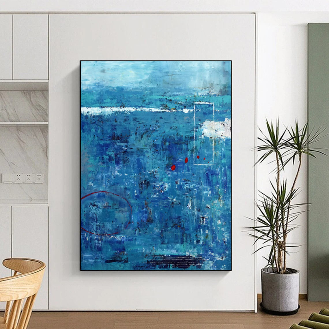 “Oceanic Abstract - Blues, Reds, and Textured Layers” Painting On Canvas CT2389