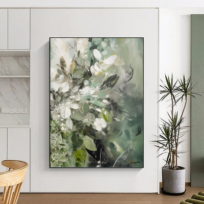 “Green - Toned Floral Abstraction” - Soft Flower Bouquet Painting On Canvas DKH1086