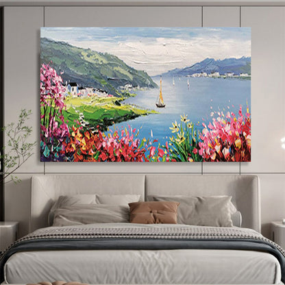 Lakeside Village with Blossoms - Impressionist Landscape Painting On Canvas DLZ209