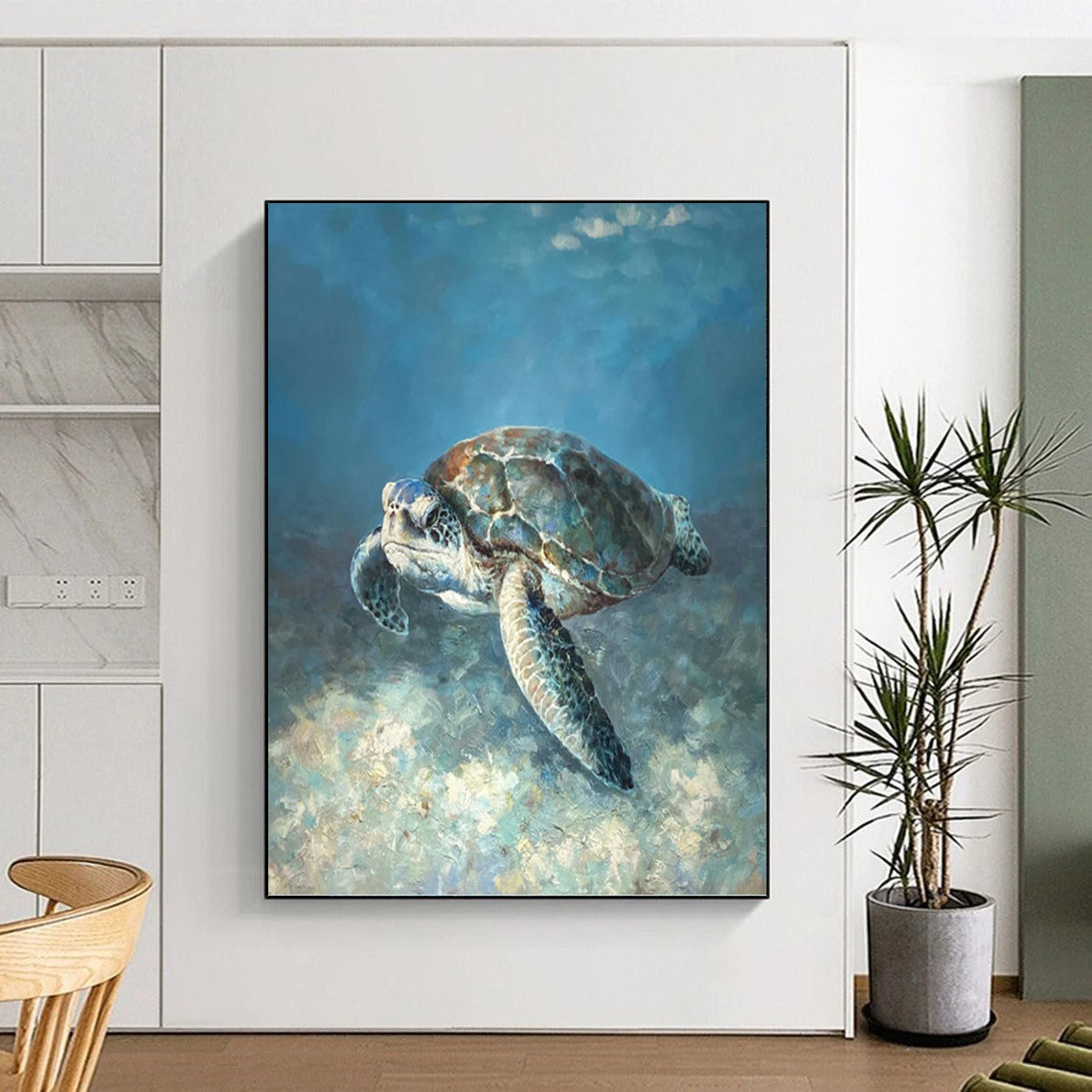 Realistic Sea Turtle in Blue Waters - Wildlife Painting On Canvas DKH1443