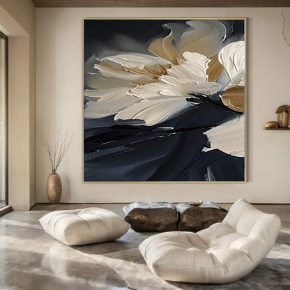 “Textured Beige - White Floral on Black” – Impasto Floral Painting CT1091