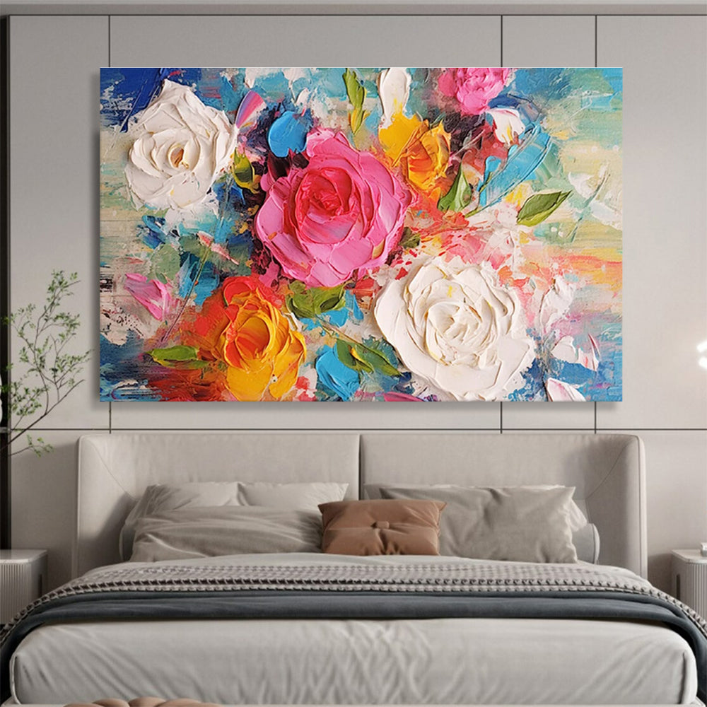 Textured Flower Bouquet - Pink, White, Yellow & Blue Floral Painting On Canvas DKH884