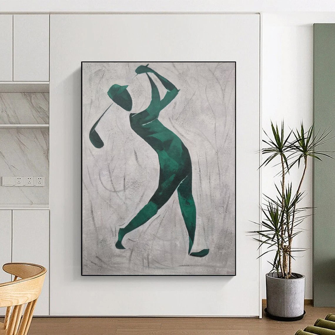 “Golfer in Green” - Green and Gray Abstract Golfer Silhouette Painting On Canvas DKH1561