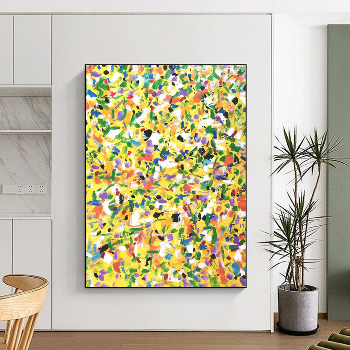 “Yellow Joy” - Bright Yellow Multicolor Abstract Drip Painting On Canvas DKH1571