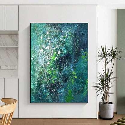 “Teal & Green Abstract Galaxy” - Teal, Green & White Cosmic - Inspired Painting On Canvas DKH1029