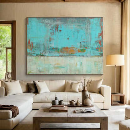 “Turquoise Urban Abstract” - Turquoise, orange, beige; faded, abstract city scene CT1583