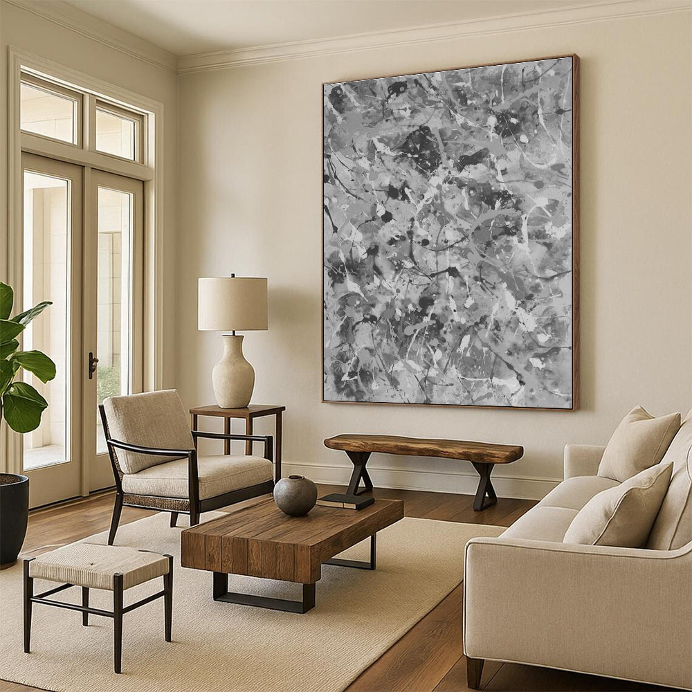 “Gray - White Splatter Abstraction” - Abstract Expressionist Art CT0478