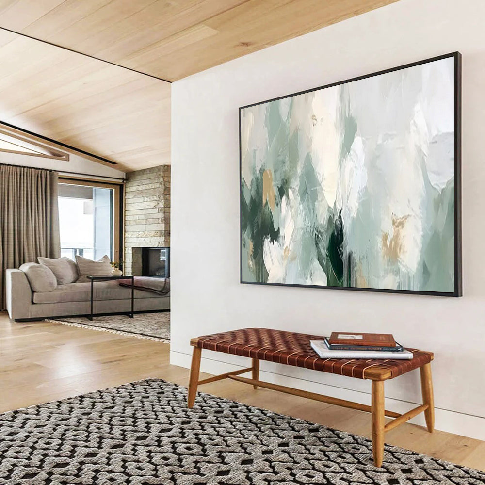 “Mint & Gold Dreamscape” – Soft greens, whites, golds with fluid, abstract acrylic forms CT1693