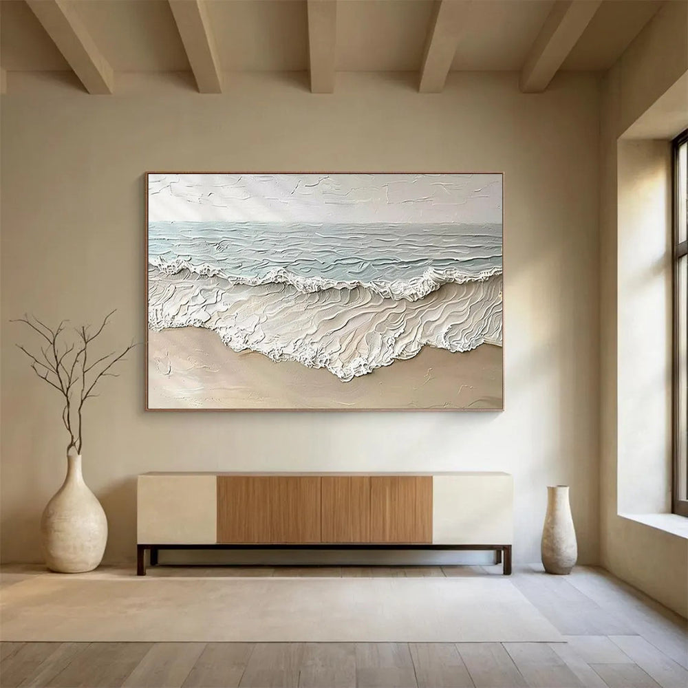 “Textured Beach Waves” - Beige, blue, white; thick, 3D - like beach scene CT1581