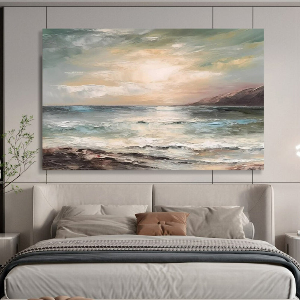 “Sunset Ocean View” - Hues of blue, green, beige, and warm sunset tones; a soft, painterly ocean under a glowing sky CT1546