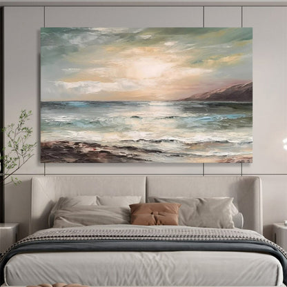 “Sunset Ocean View” - Hues of blue, green, beige, and warm sunset tones; a soft, painterly ocean under a glowing sky CT1546