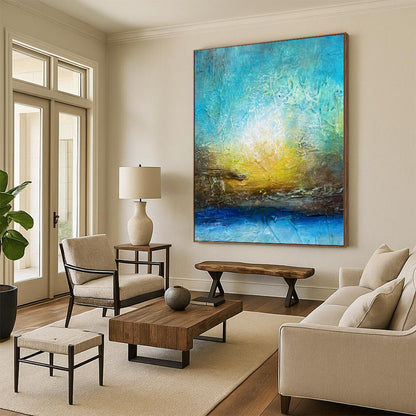 “Sunrise Textures” - Abstract Painting with Blue, Teal, Yellow, Brown CT0046