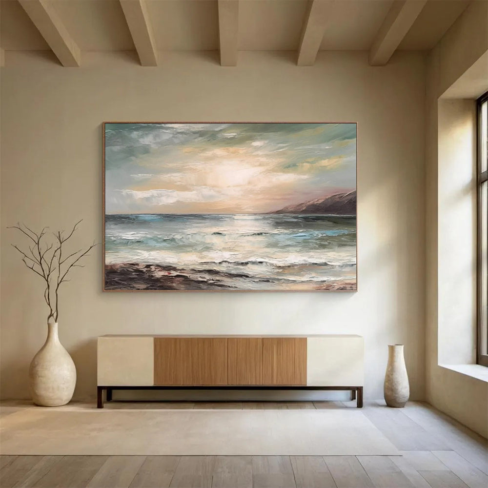 “Sunset Ocean View” - Hues of blue, green, beige, and warm sunset tones; a soft, painterly ocean under a glowing sky CT1546