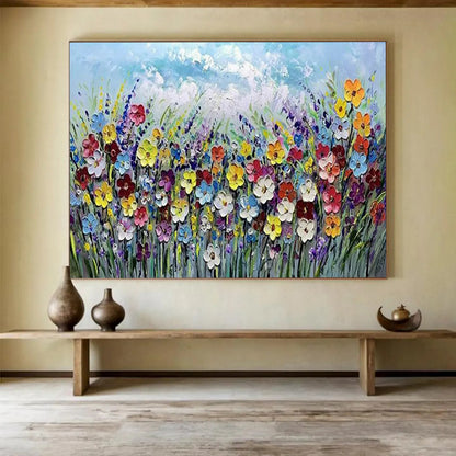 Colorful Flower Field Under Light Blue Sky - Impasto Oil Painting CT1795