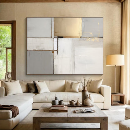 “Gold, Gray & White Blocks: Elegant Abstraction” - Abstract Elegant Painting CT0390