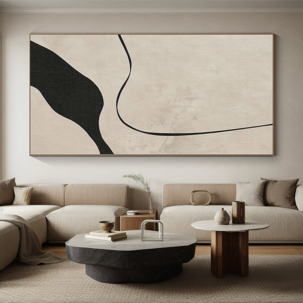 “Beige - Black Curved Lines” Minimalist Acrylic Art CT0264
