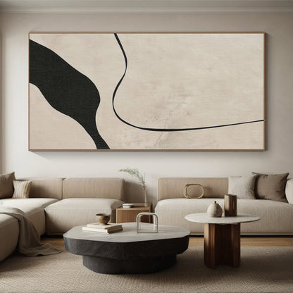 “Beige - Black Curved Lines” Minimalist Acrylic Art CT0264