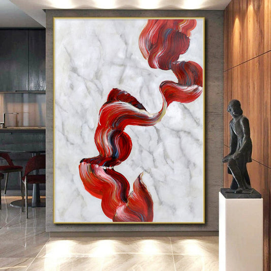 “Flowing Red - White Marble Ribbons” Abstract Acrylic Art CT0307