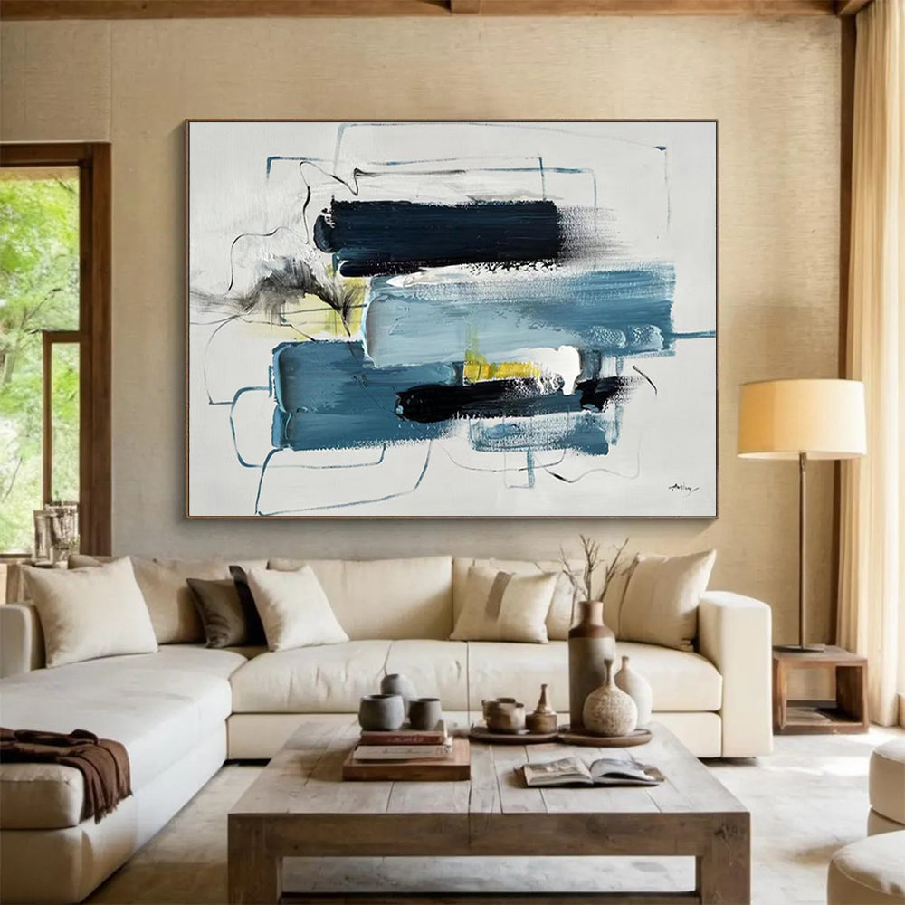 “Blue - Black Abstract Mix” - Blue, black, white, yellow; abstract shapes and lines CT1561