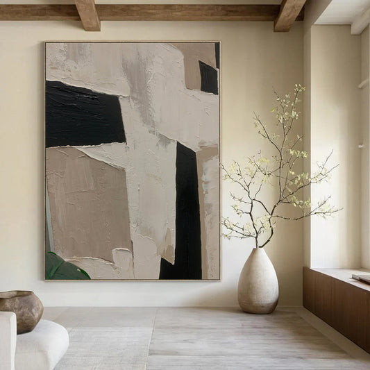 “Textured Neutral Shapes” - Abstract Work with Beige, Black, White CT0107