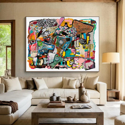 Colorful, complex abstract composition with various shapes and patterns CT1656