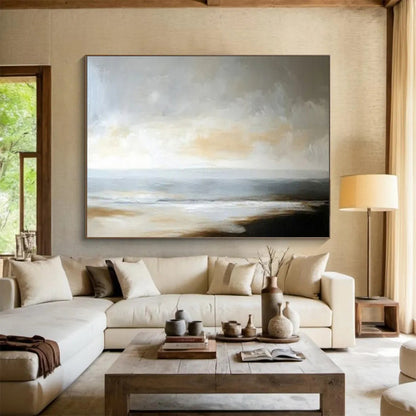 “Muted Coastal Calm” – Grays, beiges, soft blues painting a serene, minimalist seascape CT1701