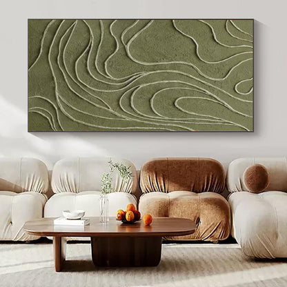 “Olive Green with White Wavy Lines” Textured Relief Art CT0144