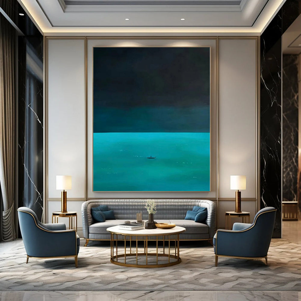 “Dark Blue - Teal Sea with Boat” Minimalist Acrylic Art CT0194