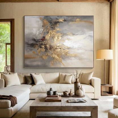 “Grey - Gold Abstract Burst”，Abstract Textural Acrylic Art CT0540