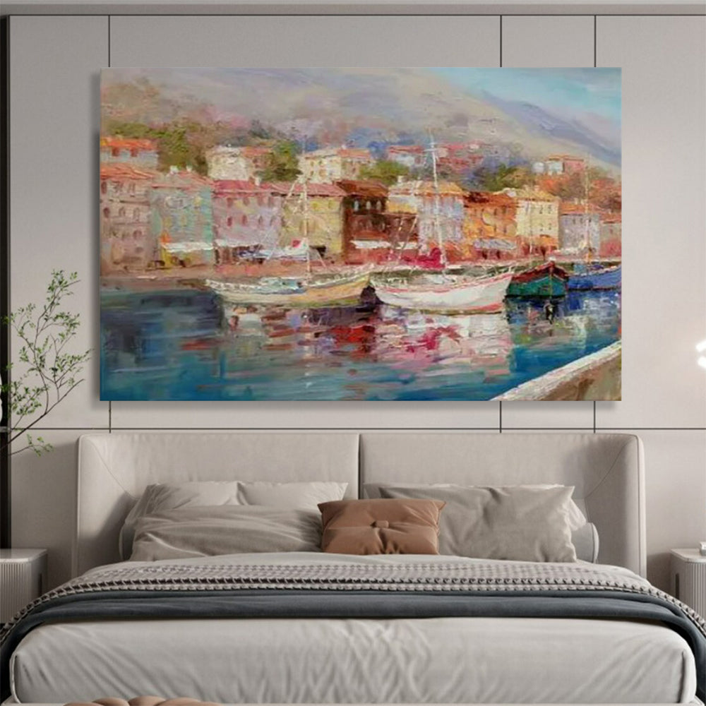 Harbor Scene with Colorful Boats and Buildings - Impressionistic Oil Painting CT1800