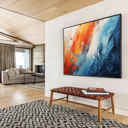 “Fiery Ocean Clash” – Oranges, reds, blues in bold, thick acrylic waves CT1704