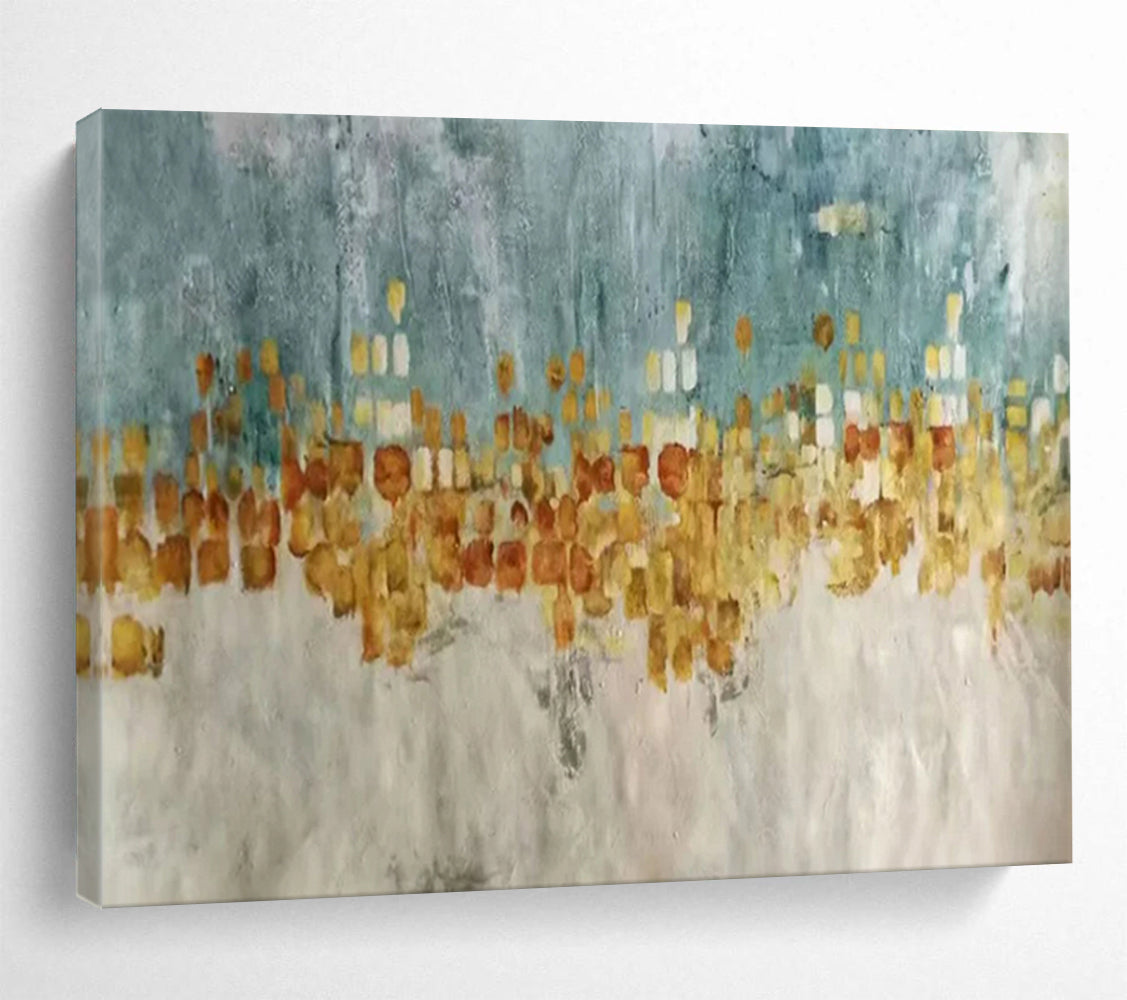 “Blue - Gold Urban Impression” - Blue, gray, gold, orange; blocky urban skyline CT1592