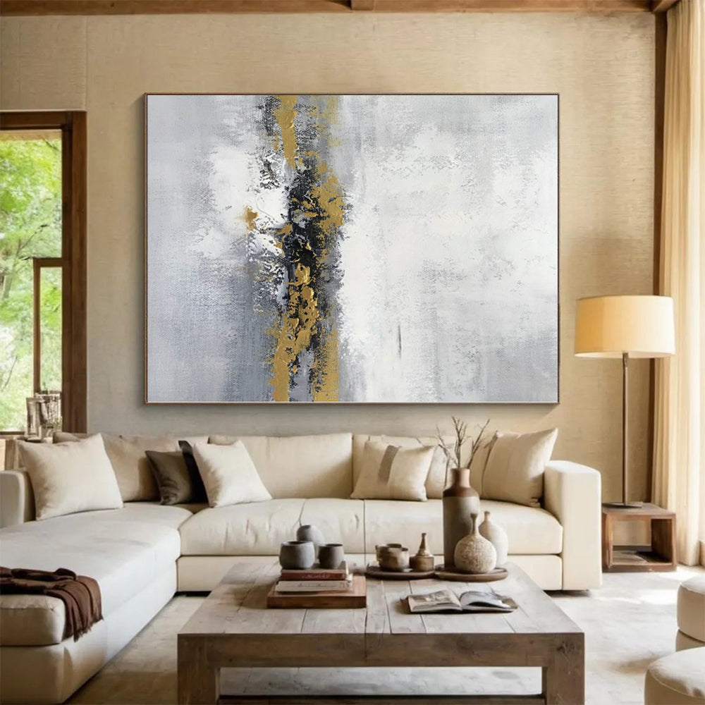 “Grey - White Abstract with Gold Horizons”，Abstract Landscape Painting CT0380