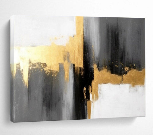 “Hand - painted Gold - Accented Abstraction” - Minimalist abstract with gold, gray, and white CT1648
