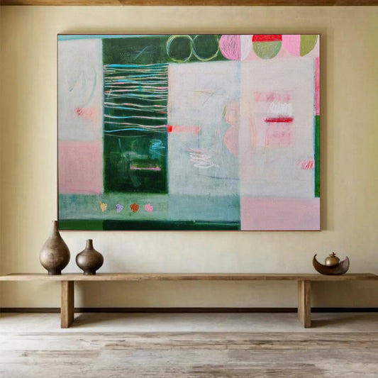 “Playful Panels” - Greens, pinks, blues; mixed patterns and shapes in a grid CT1500