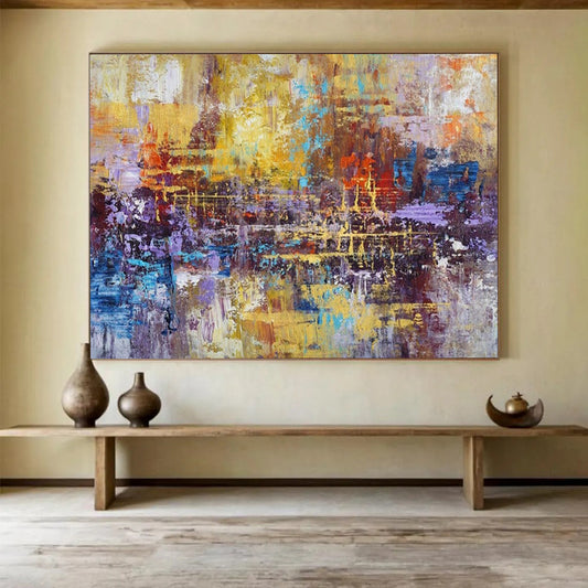 “Golden - Purple Fusion” - Yellows, purples, blues, oranges; layered, chaotic yet harmonious abstract scene CT1516
