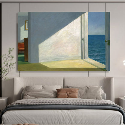 “Interior with Ocean View” - Whites, blues, greens; minimalist room with open door to the sea CT1608