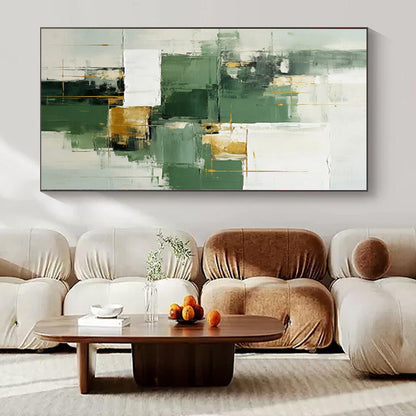 “Green - Gold Geometric Abstract” Modernist Acrylic Art CT0199