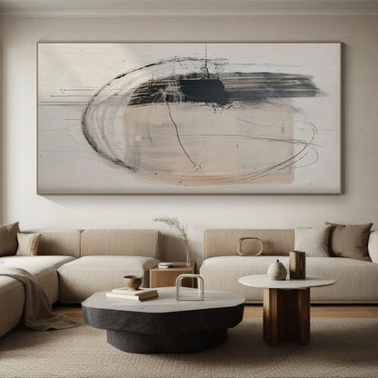 “Beige - Black Dynamic Circles” Abstract Acrylic Art CT0273