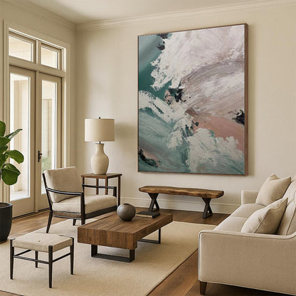 “Teal - White Abstract Fusion”，Abstract Expressionist Acrylic Painting CT0554