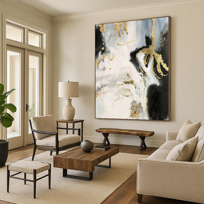 “Black, White, and Gold Abstract Splashes”，Expressive Abstract Painting CT0363