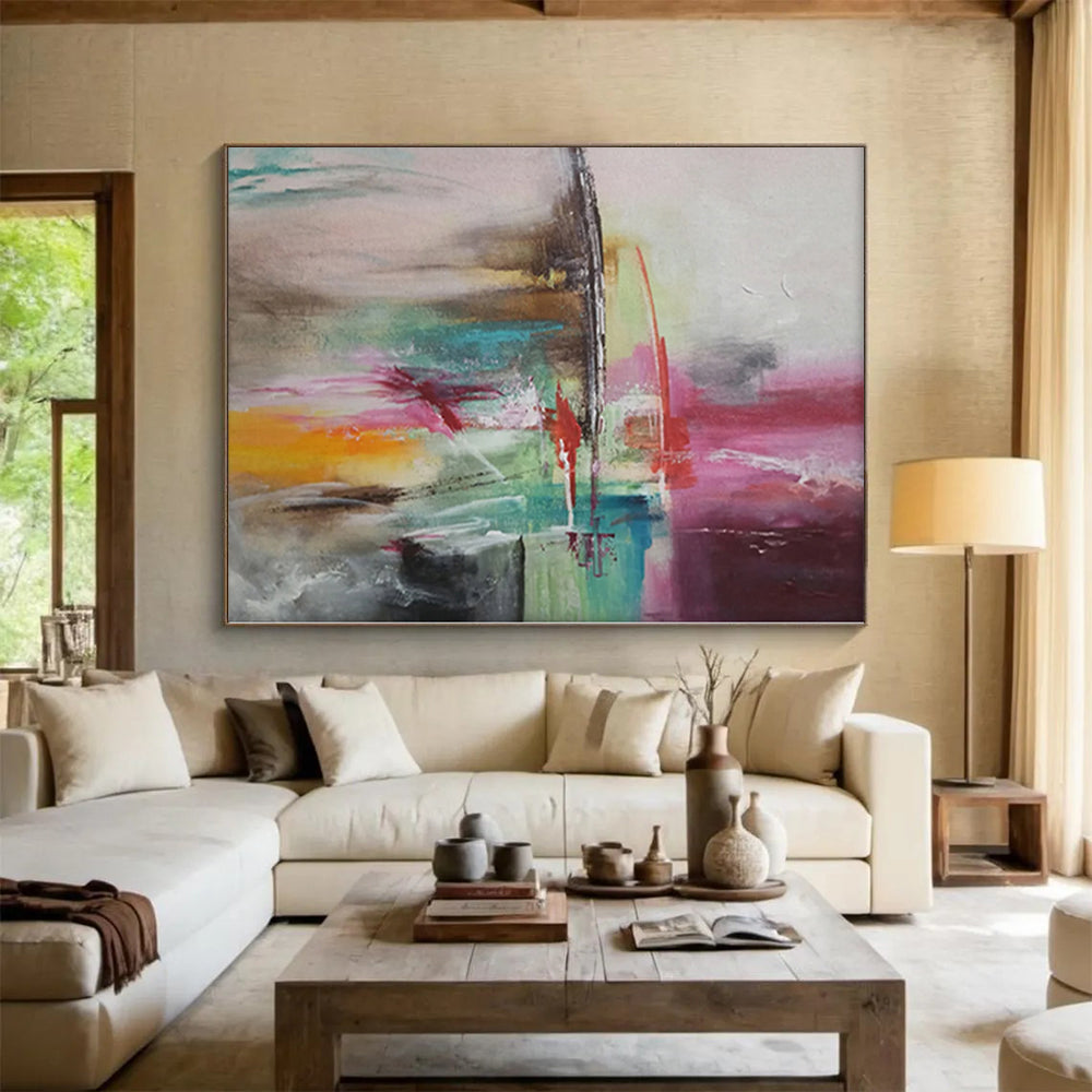 “Color Collision” - Abstract Painting with Pink, Red, Green, Blue, Gray CT0056
